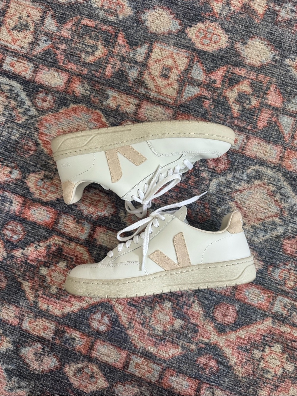 Veja V-12 White and Beige Suede Sneakers